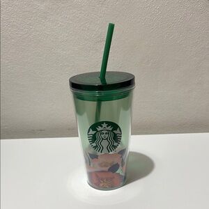 Starbucks Green Floral Tumbler with Lid and Straw